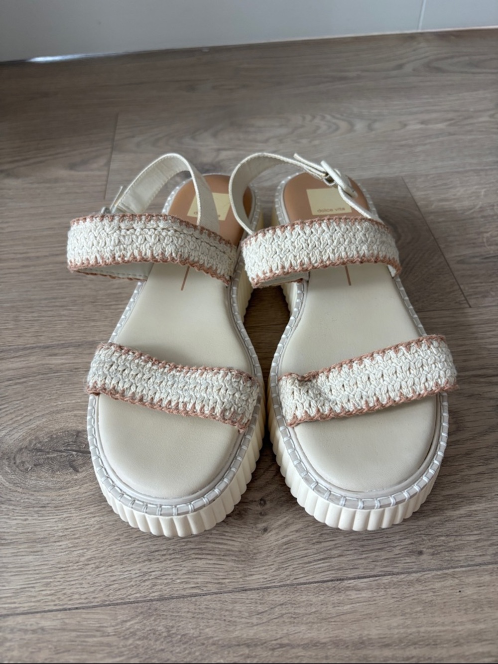 Dolce Vita Cream Woven Platform Sandals with Pink-Trim